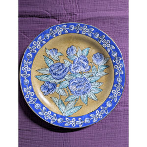 Vintage Porcelain Hand Painted Blue Floral Decorative Plate Wall Art Boho 10.5"